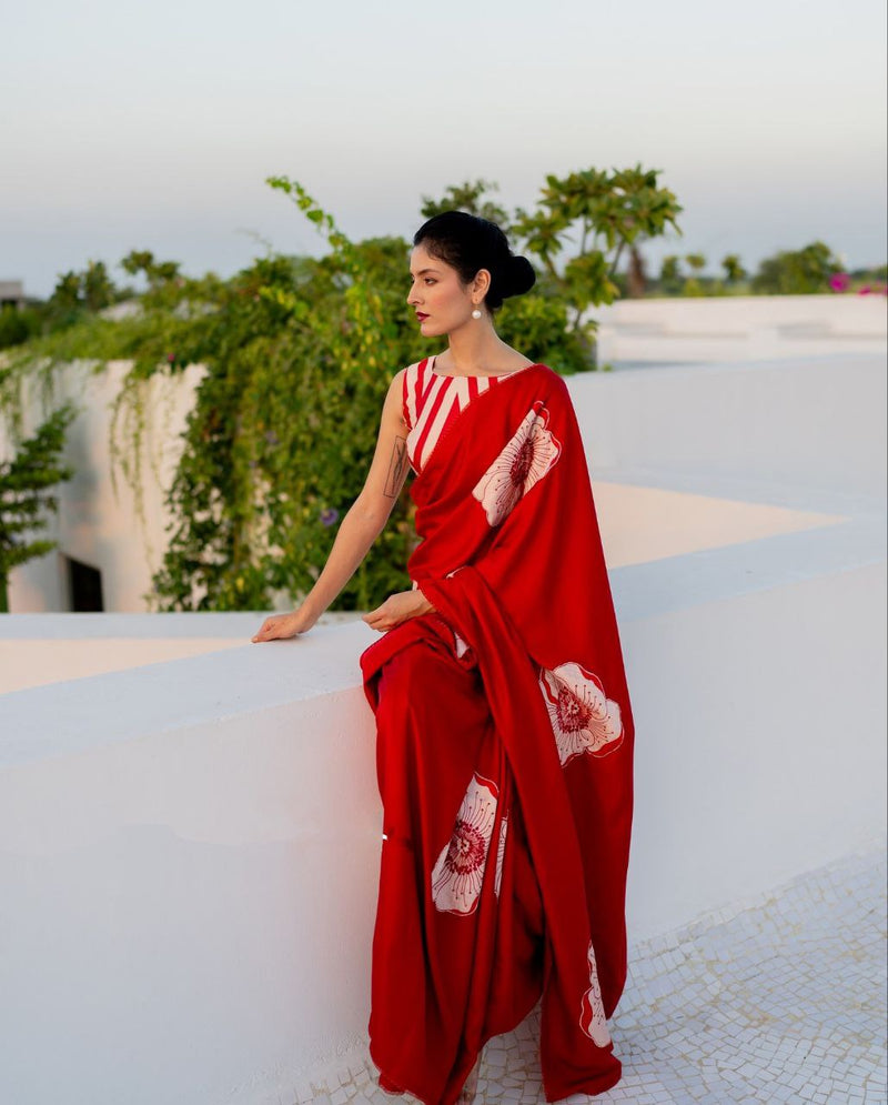 Crimson Bloom Handcrafted Designer Saree with Artistic Floral Motifs