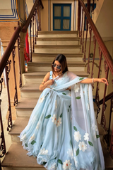 Pastel Blue Floral Georgette Saree Set – Pinterest Inspired Elegance