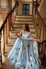 Pastel Blue Floral Georgette Saree Set – Pinterest Inspired Elegance