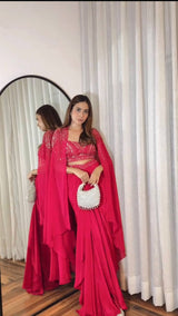 Complete look of the stylish wedding-season outfit in rich French silk and Chinon fabric.
