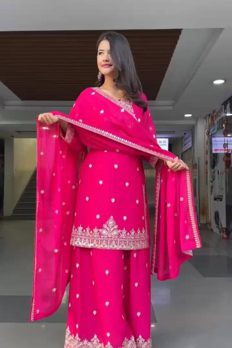 Step into timeless elegance with our exclusive 3-piece Plazo Set