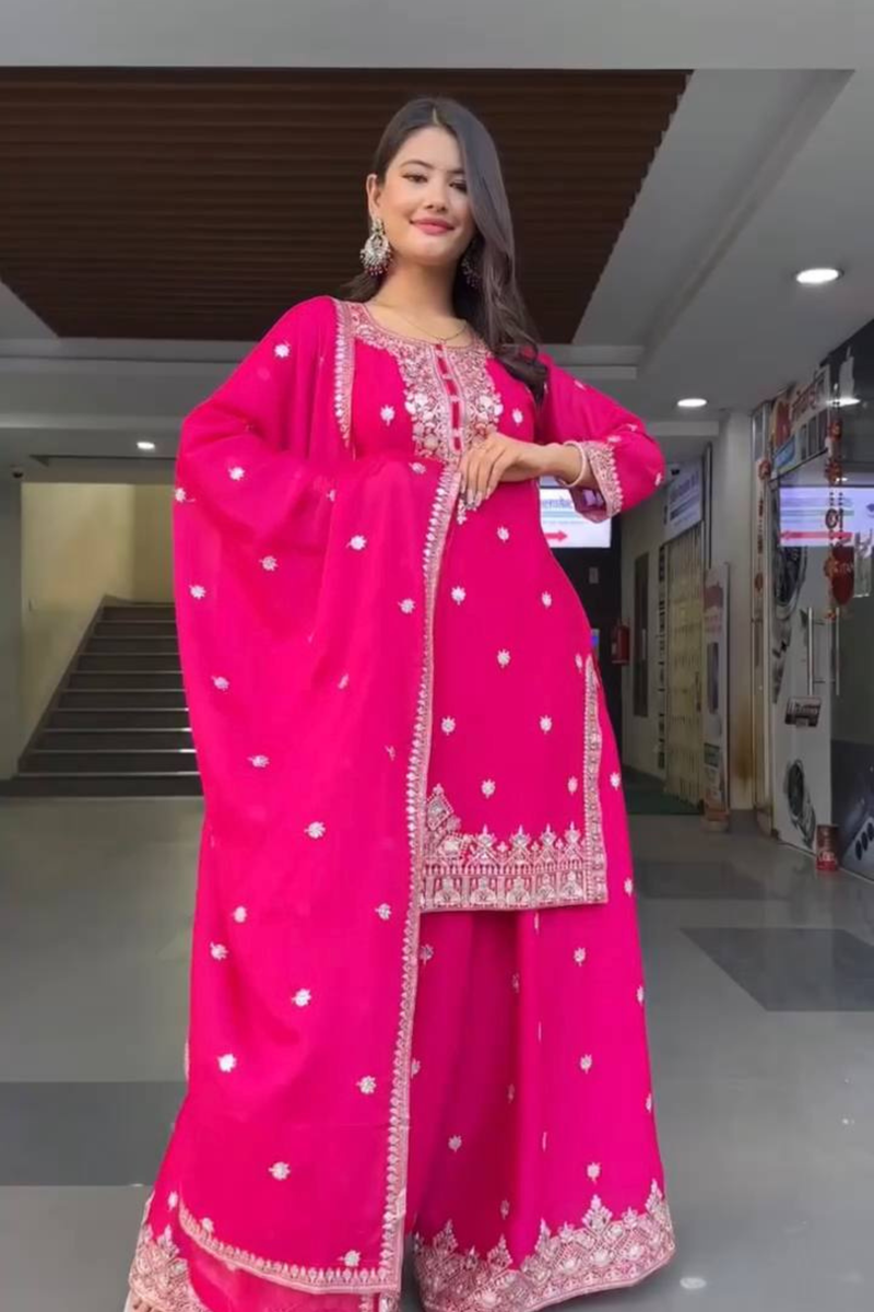 Step into timeless elegance with our exclusive 3-piece Plazo Set