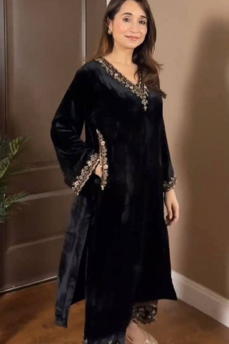 Bring luxury to your festive wardrobe with our exclusive 2-piece Velvet Pant Set