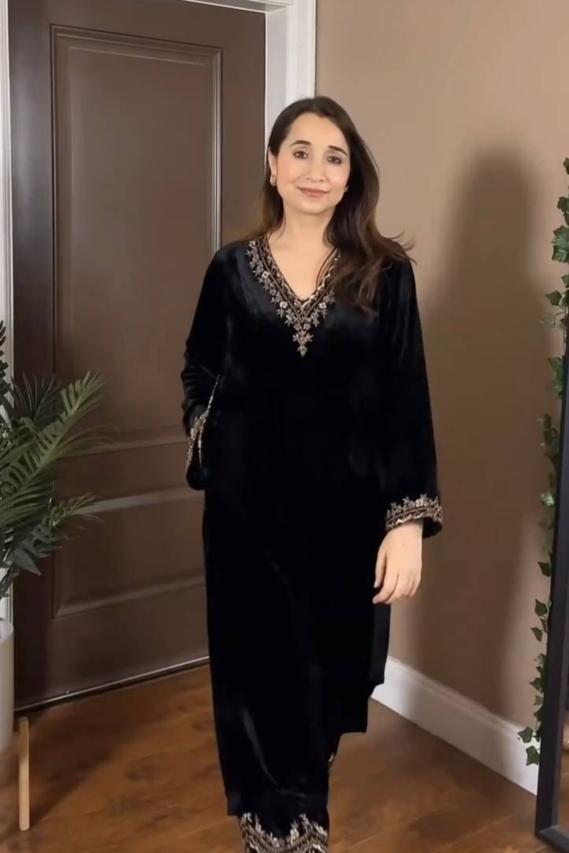 Bring luxury to your festive wardrobe with our exclusive 2-piece Velvet Pant Set