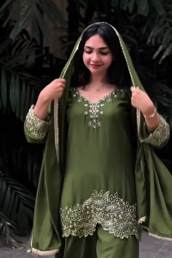 Elevate your ethnic style with this premium 3-piece Chinon Silk Plazo Set