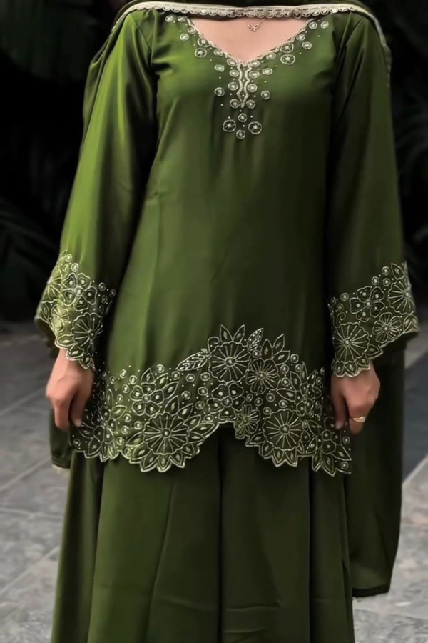 Elevate your ethnic style with this premium 3-piece Chinon Silk Plazo Set