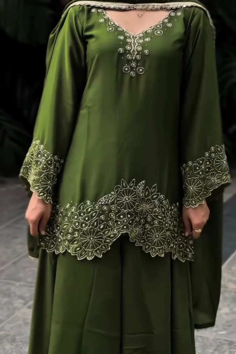 Elevate your ethnic style with this premium 3-piece Chinon Silk Plazo Set