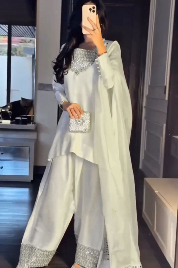 Step into elegance with this exquisite 3-piece Chinon Silk Plazo Set