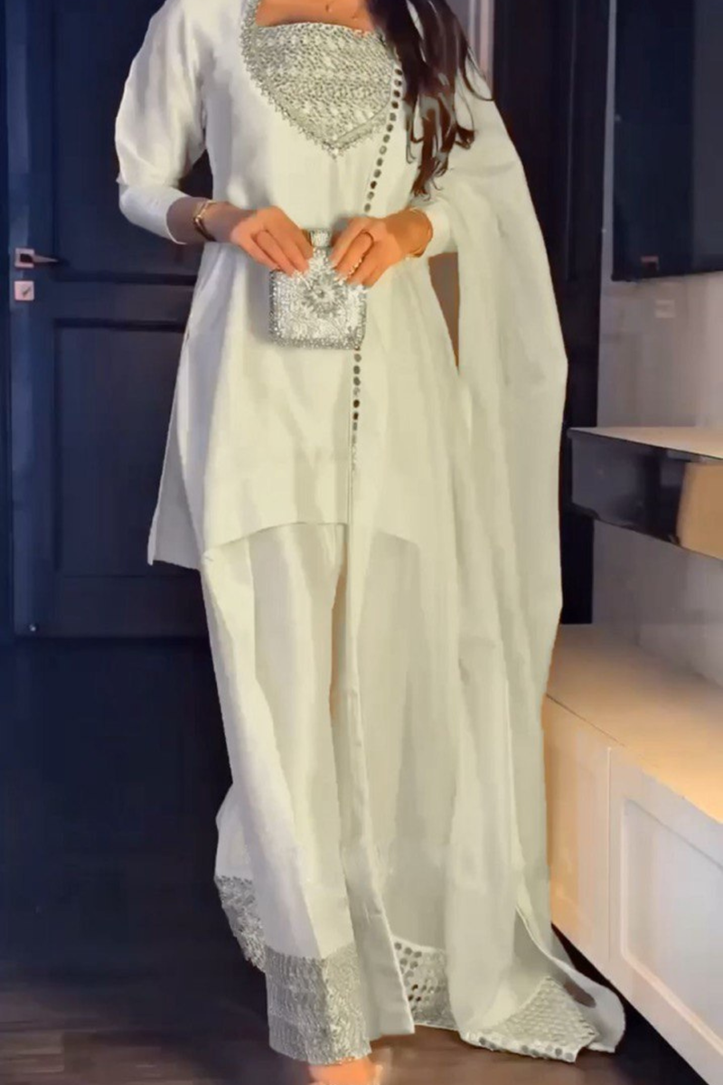 Step into elegance with this exquisite 3-piece Chinon Silk Plazo Set