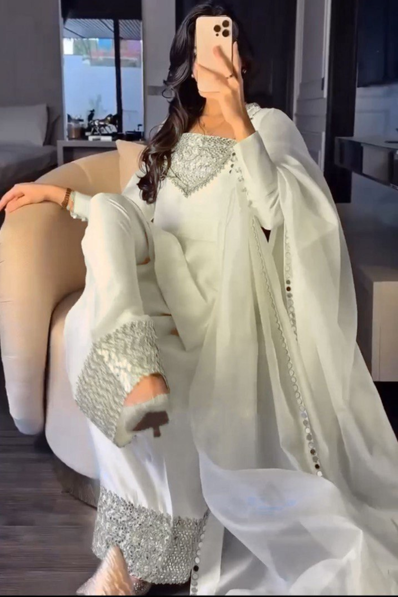 Step into elegance with this exquisite 3-piece Chinon Silk Plazo Set