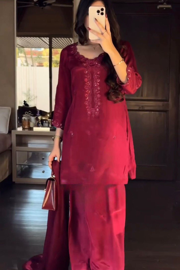 Elevate your festive wardrobe with this stunning 3-piece Chinon Silk Salwar Set