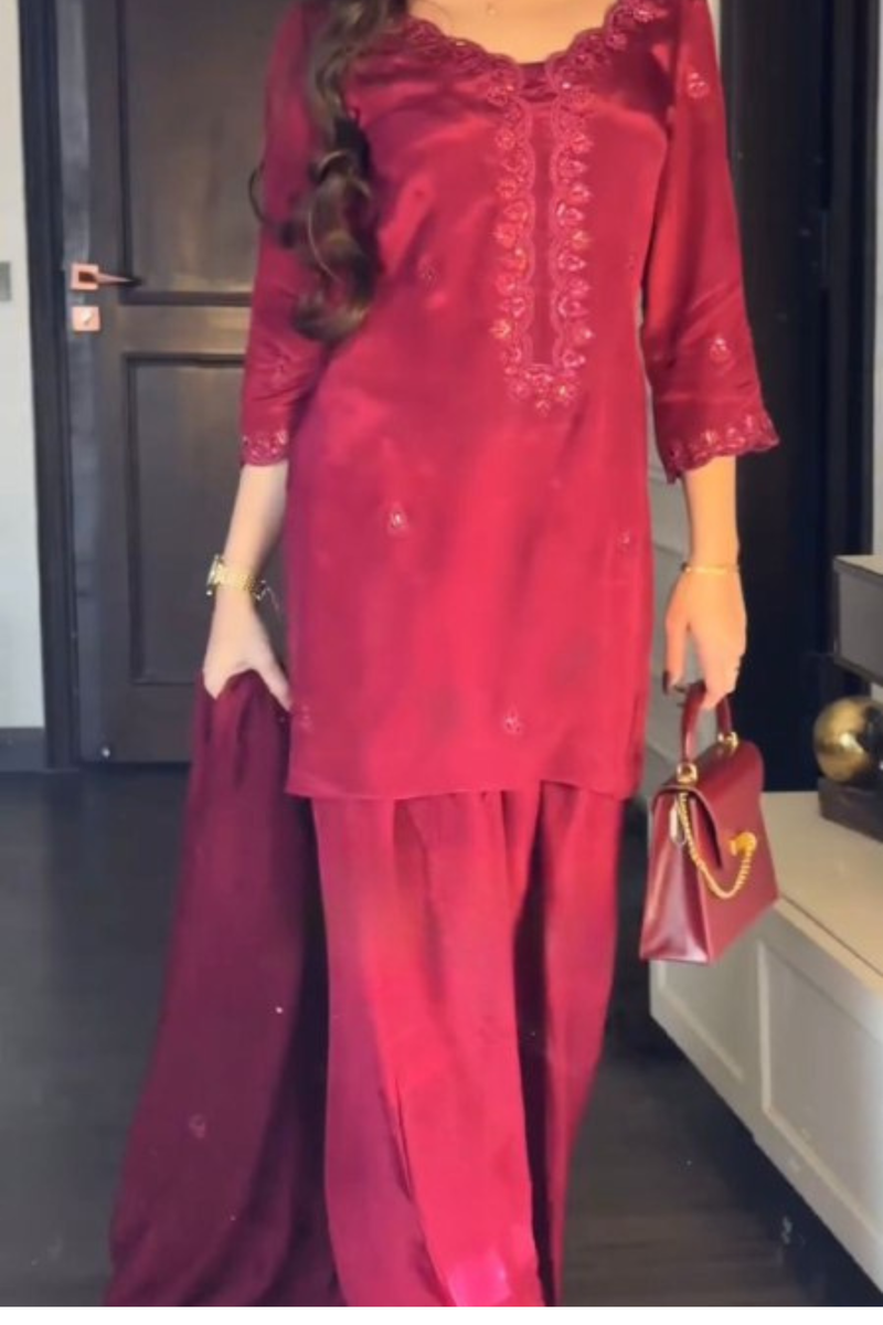 Elevate your festive wardrobe with this stunning 3-piece Chinon Silk Salwar Set