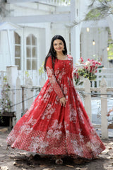 Designer Faux Georgette Floral Printed Gown with Zari &amp; Sequins Embroidery