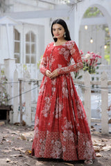 Designer Faux Georgette Floral Printed Gown with Zari &amp; Sequins Embroidery