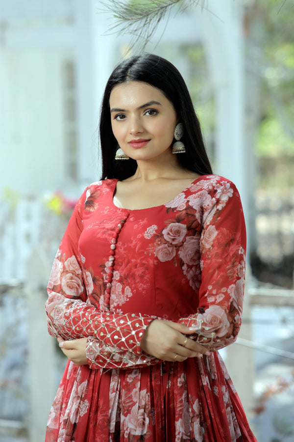 Designer Faux Georgette Floral Printed Gown with Zari &amp; Sequins Embroidery