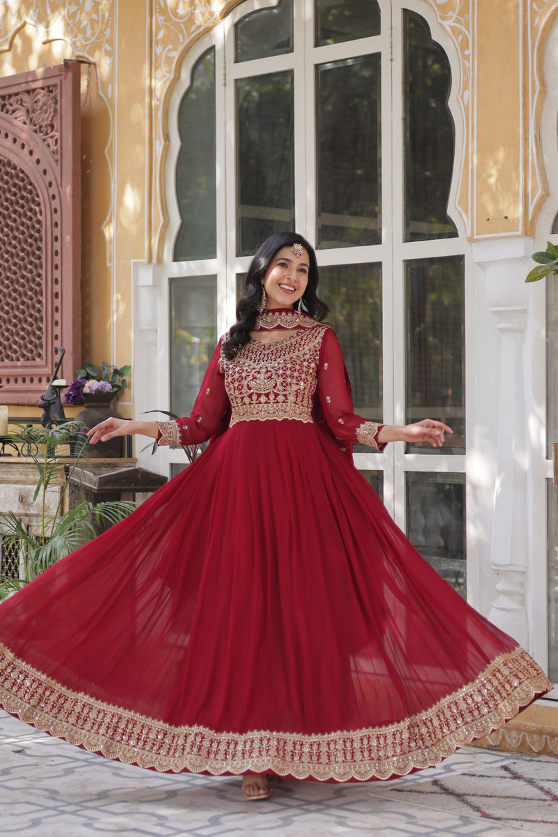 Designer Faux Blooming Gown with Zari Sequins Embroidery & Designer Dupatta
