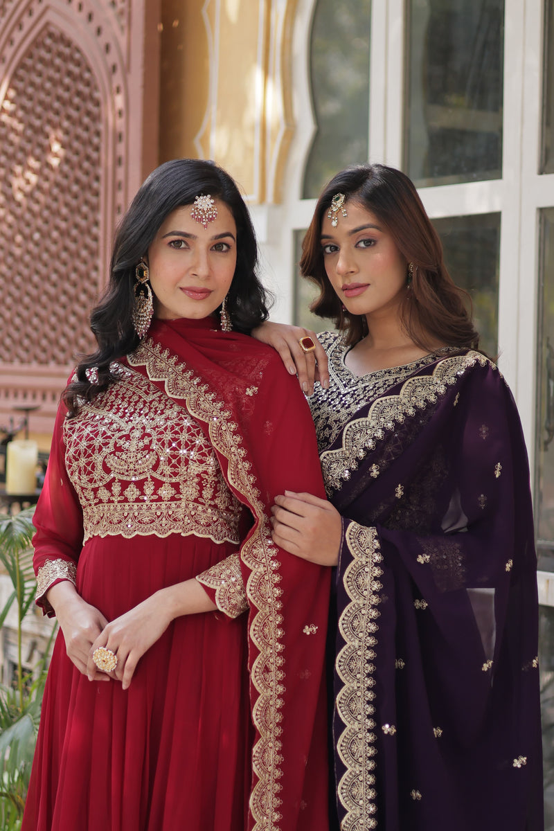 Designer Faux Blooming Gown with Zari Sequins Embroidery & Designer Dupatta