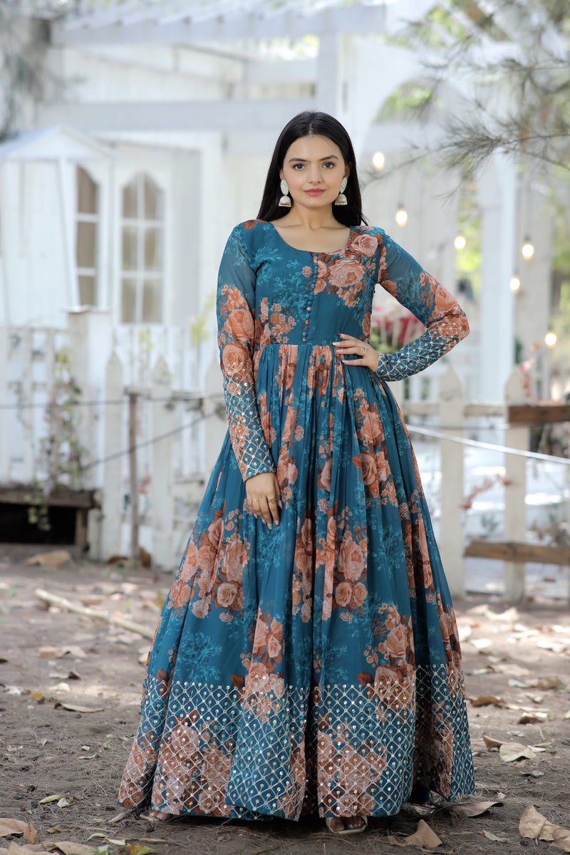 Designer Faux Georgette Floral Printed Gown with Zari &amp; Sequins Embroidery