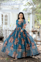 Designer Faux Georgette Floral Printed Gown with Zari &amp; Sequins Embroidery