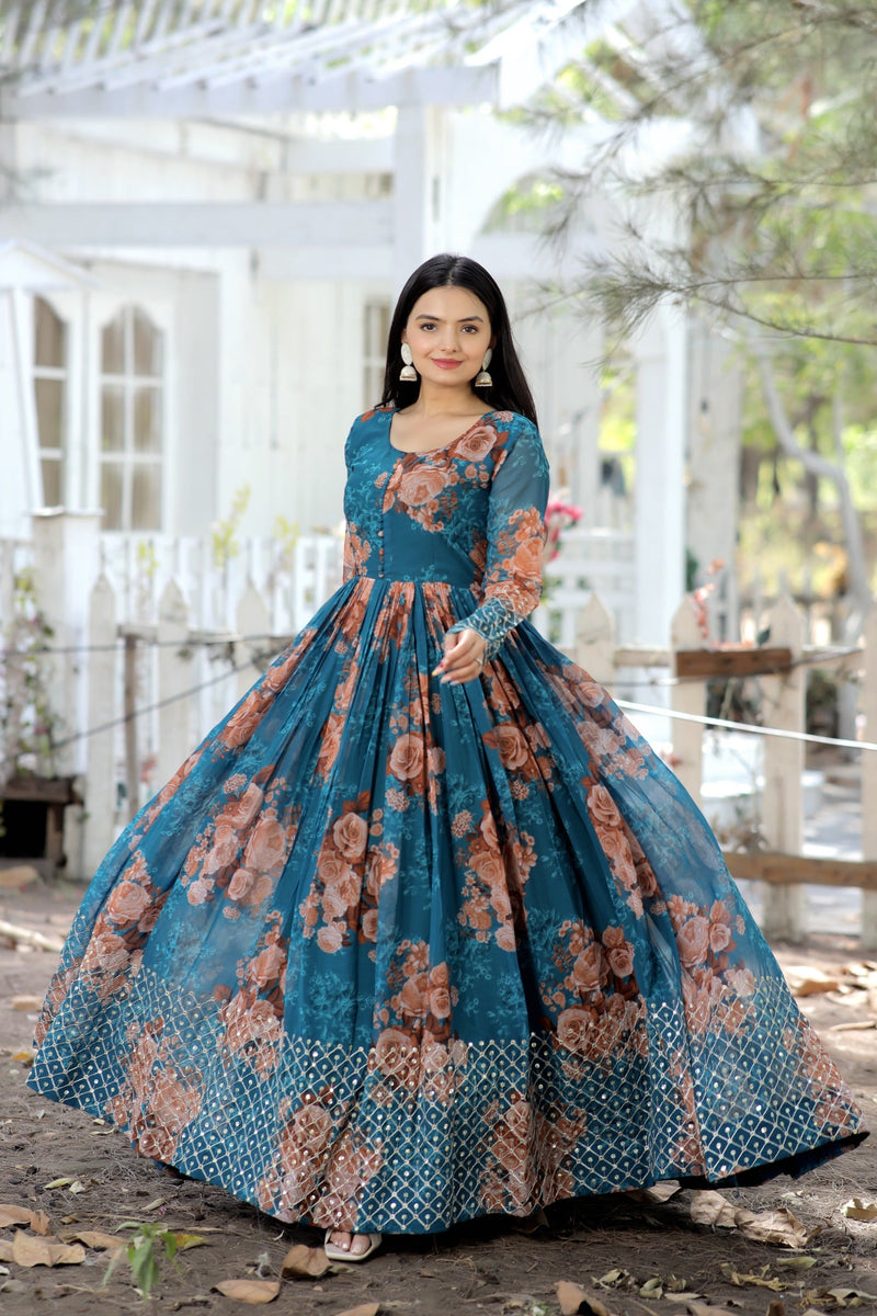 Designer Faux Georgette Floral Printed Gown with Zari &amp; Sequins Embroidery