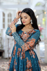 Designer Faux Georgette Floral Printed Gown with Zari &amp; Sequins Embroidery