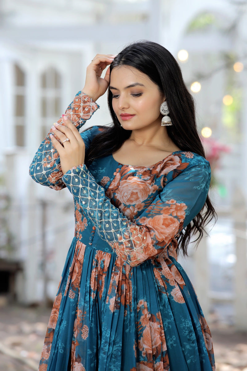 Designer Faux Georgette Floral Printed Gown with Zari &amp; Sequins Embroidery