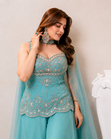 Aqua Blue Premium Embroidered Suit Set with Palazzo