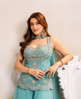 Aqua Blue Premium Embroidered Suit Set with Palazzo