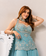 Aqua Blue Premium Embroidered Suit Set with Palazzo
