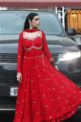 Elegant Red Embroidered Anarkali Set with Matching Dupatta