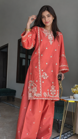 Coral Embroidered Kurta - Palazzo Set