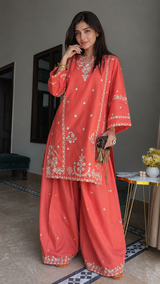 Coral Embroidered Kurta - Palazzo Set