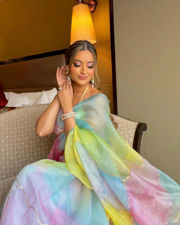 Pastel Multicolor Organza Saree with Golden Detailing 🌸🌈