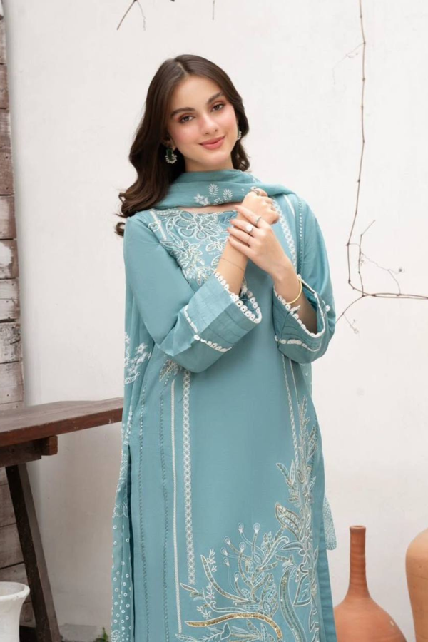 DESIGNER WEAR EXCLUSIVE SUIT IN SEQUENCE EMBROIDERED ROMAN SILK FABRIC TOP AND PANT WITH DUPATTA PAIR