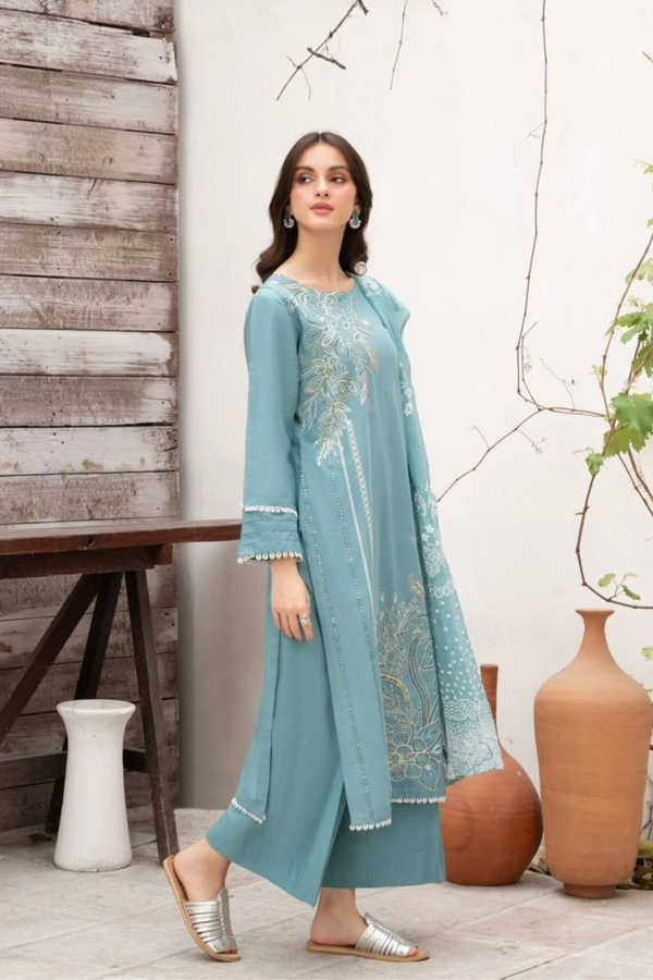 DESIGNER WEAR EXCLUSIVE SUIT IN SEQUENCE EMBROIDERED ROMAN SILK FABRIC TOP AND PANT WITH DUPATTA PAIR