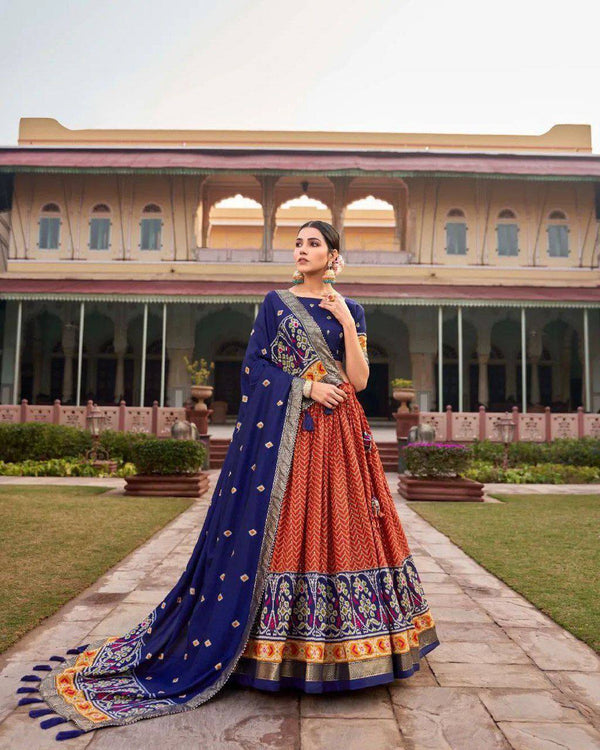 Regal Tussar Silk Lehenga Set with Ikkat Patola Print & Foil Work