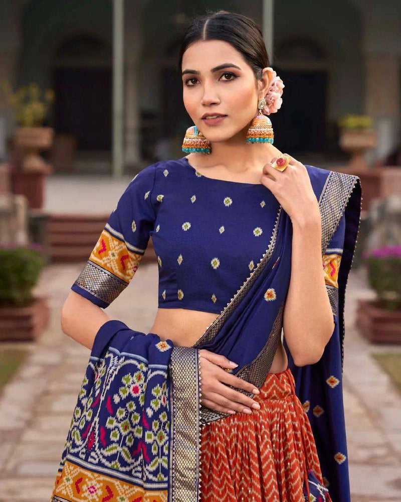 Regal Tussar Silk Lehenga Set with Ikkat Patola Print & Foil Work
