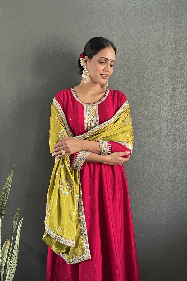 Stunning Vichitra Gown Set featuring exquisite embroidery work.