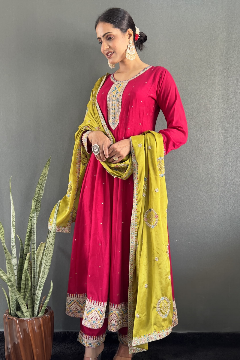 Stunning Vichitra Gown Set featuring exquisite embroidery work.