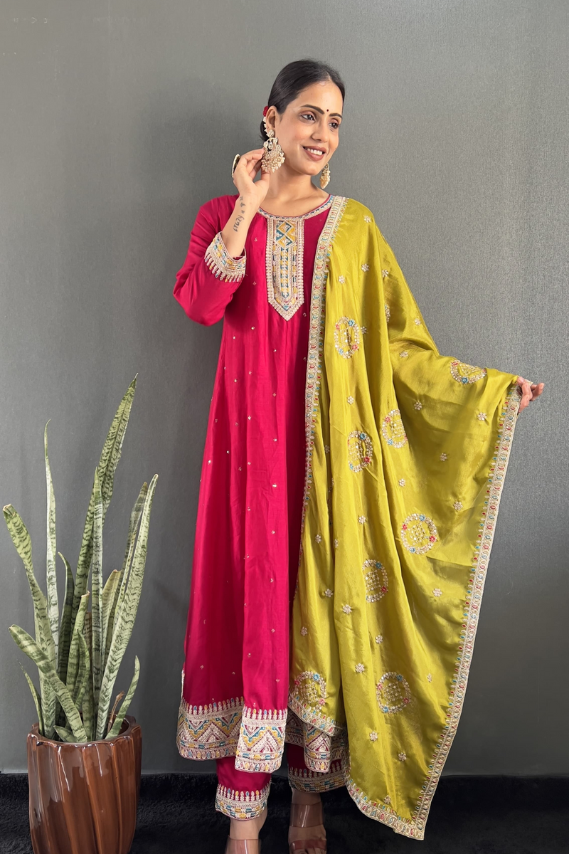 Stunning Vichitra Gown Set featuring exquisite embroidery work.
