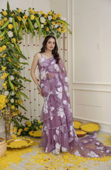 Purple dreamy floral pattern, graceful fit, and flowy movement.