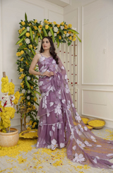 Purple dreamy floral pattern, graceful fit, and flowy movement.