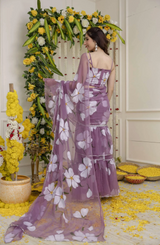 Purple dreamy floral pattern, graceful fit, and flowy movement.