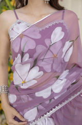 Purple dreamy floral pattern, graceful fit, and flowy movement.
