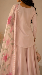 Blush Pink Embroidered Suit Set with Floral Organza Dupatta