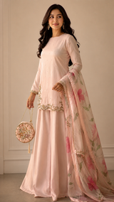 Blush Pink Embroidered Suit Set with Floral Organza Dupatta