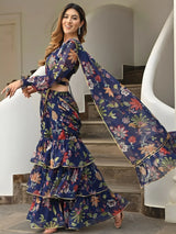 Navy Bloom || Floral Printed Ruffle Lehenga Saree