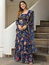 Navy Bloom || Floral Printed Ruffle Lehenga Saree