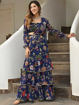 Navy Bloom || Floral Printed Ruffle Lehenga Saree