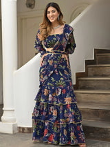 Navy Bloom || Floral Printed Ruffle Lehenga Saree
